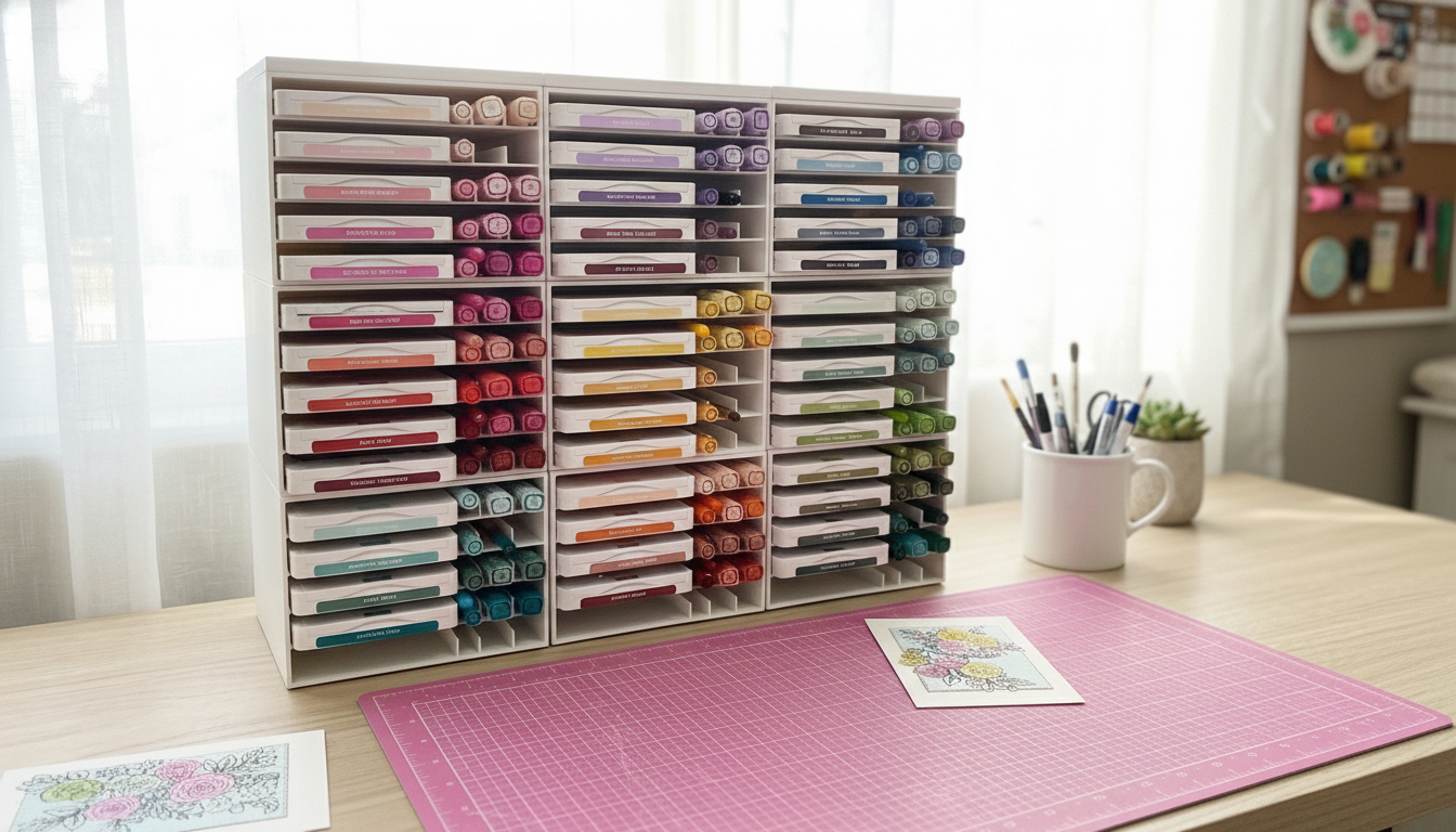 Organized craft room desk featuring white modular storage cubes filled with Stampin' Up ink pads, markers, and refill bottles on a wooden tabletop with a pink cutting mat.